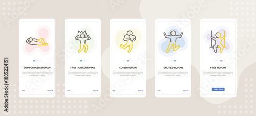 onboarding screen template for emotions mobile app ui with comfortable human, frustrated human, loved human, excited free icons.
