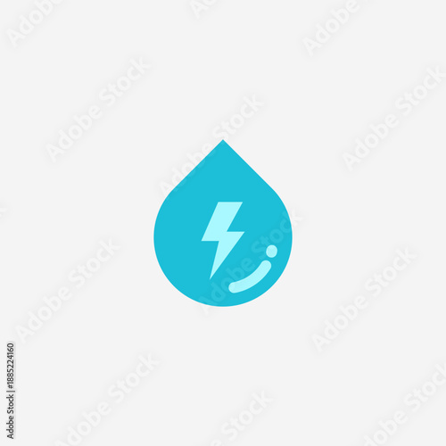 Blue water drop icon combined with a lightning bolt symbol, representing electric water, renewable energy, clean power, sustainability, or hydroelectric technology