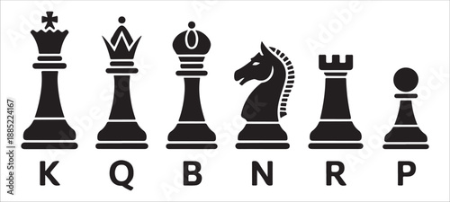 Set of black chess pieces with letter abbreviations below each piece isolated on a white background