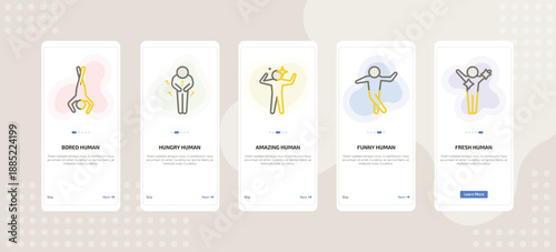 onboarding screen template for emotions mobile app ui with bored human, hungry human, amazing human, funny fresh icons.