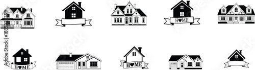 home icons set, house silhouettes, real estate symbols, residential buildings, property logos, architecture illustration, housing concept, vector design, black white style