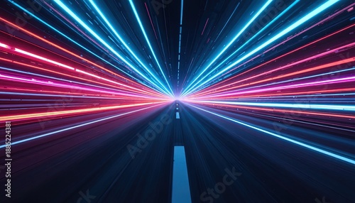 Zooming down a futuristic highway with vibrant neon lights creating a sense of speed and motion, perfect for technology or transportation concepts