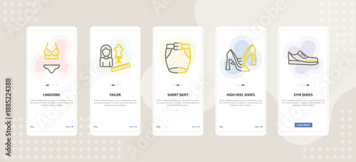 onboarding screen template for fashion mobile app ui with lingerine, tailor, short skirt, high heel shoes, gym shoes icons.