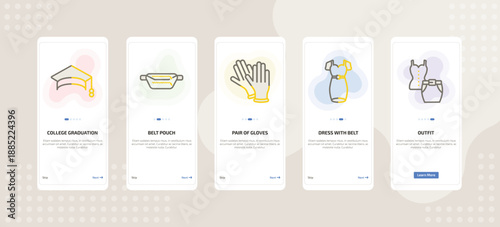 onboarding screen template for fashion mobile app ui with college graduation cap, belt pouch, pair of gloves, dress with belt, outfit icons.