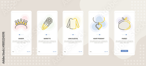 onboarding screen template for fashion mobile app ui with diadem, barrette, long sleeves, heart pendant, purses icons.