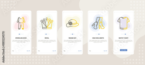 onboarding screen template for fashion mobile app ui with sparkling wine, royal, round hat, high heel boots, white t shirt icons.