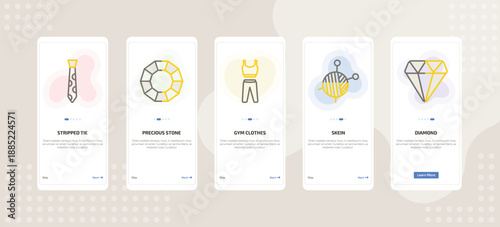 onboarding screen template for fashion mobile app ui with stripped tie, precious stone, gym clothes, skein, diamond icons.