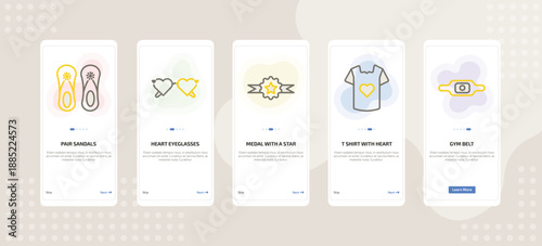 onboarding screen template for fashion mobile app ui with pair sandals, heart eyeglasses, medal with a star, t shirt with heart, gym belt icons.
