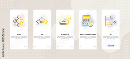 onboarding screen template for education mobile app ui with atom, ufo, robin hood, calculator and dollar, as icons.