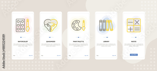 onboarding screen template for education mobile app ui with watercolor, quasimodo, paint palette, library, maths icons.