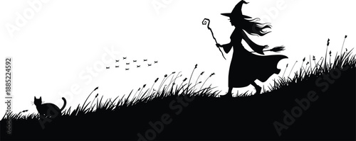 Silhouette witch walking on grassy hill with cat, flying birds, magical fantasy scene, halloween illustration, mystical fairytale art, black white design