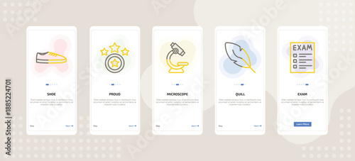 onboarding screen template for education mobile app ui with shoe, proud, microscope, quill, exam icons.