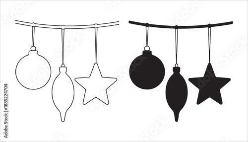 Christmas baubles outline and silhouette festive decoration set on white background