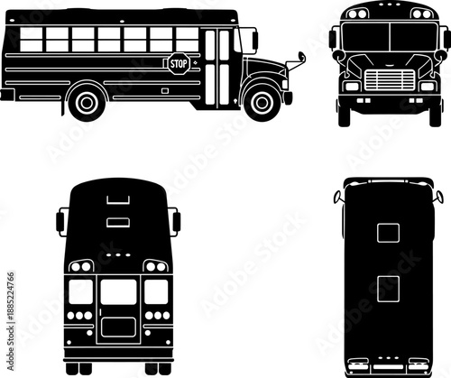 Detailed School Bus Vector Illustration Set (4 Views): Side Profile, Front, Rear, and Top Silhouette Diagram. Essential Outline Icons for Education, Transportation, and Safety Design Concepts.