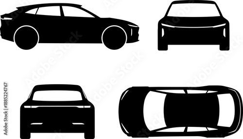 Modern Crossover SUV Car Silhouette Vector Template: Four Orthographic Views (Side, Front, Rear, Top) for Automotive Blueprint Design, EV Concept, and Technical Drawing Infographics.