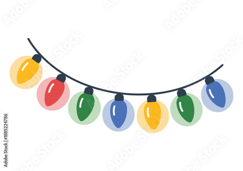 Colorful christmas light bulbs in glowing glass globes hanging on string vector flat illustration