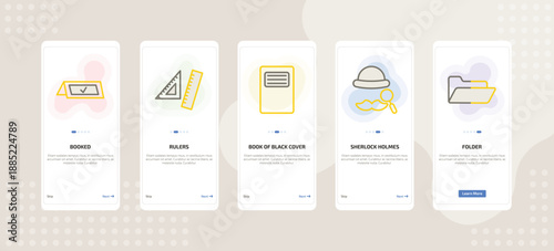 onboarding screen template for education mobile app ui with booked, rulers, book of black cover, sherlock holmes, folder icons.