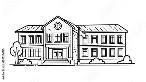 Line art school building facade with flag and steps