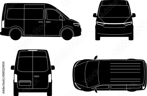 Modern Cargo Delivery Van Blueprint Vector Set: Detailed Silhouette Illustration of a Commercial Transport Vehicle Showing Top, Side, Front, and Back Orthogonal Views.
