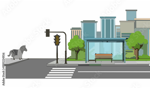 City street pedestrian crossing with park and bus stop flat vector illustration