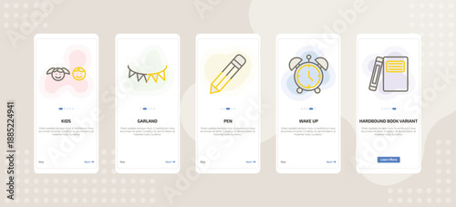 onboarding screen template for education mobile app ui with kids, garland, pen, wake up, hardbound book variant icons.