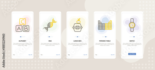 onboarding screen template for education mobile app ui with alphabet, dna, lunch box, periodic table, watch icons.