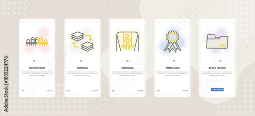 onboarding screen template for education mobile app ui with grandstand, arrange, swinging, medallion, black folder icons.