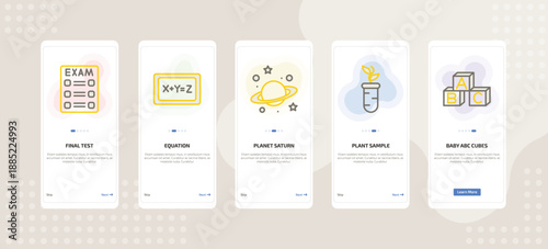 onboarding screen template for education mobile app ui with final test, equation, planet saturn, plant sample, baby abc cubes icons.