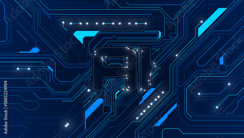 Futuristic blue circuit board technology background with glowing AI letter logo formed by electronic circuit lines, Vector illustration.