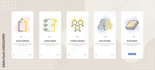 onboarding screen template for education mobile app ui with blank clipboard, school agenda, chemical diagram, stack of books, 3d dictionary icons.