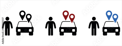 Navigation and ride-share tracking icons with person, car, and multi-colored location pins vector.