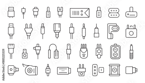 Collection of various cable plugs and connectors vector line icon set for devices