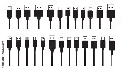 Usb cable plug head silhouettes variety set showing different digital hardware connector interfaces