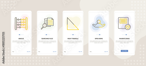 onboarding screen template for education mobile app ui with abacus, searching files, right triangle, open arms, favorite book icons.