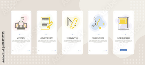 onboarding screen template for education mobile app ui with university, application form, school supplies, molecular bond, hard cover book icons.