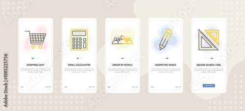 onboarding screen template for education mobile app ui with shopping cart, small calculator, group of people, geometric pencil, square school tool icons.