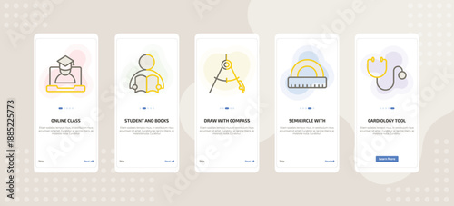 onboarding screen template for education mobile app ui with online class, student and books, draw with compass, semicircle with ruler, cardiology tool icons.