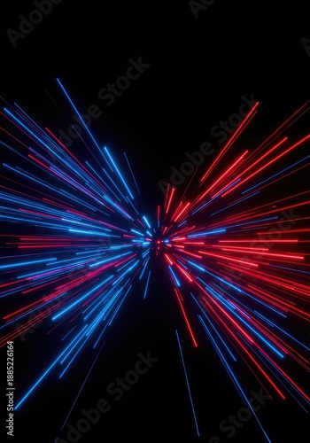 Abstract blue and red energy streaks are rapidly projected from a central point, symbolizing speed, force, and rapid motion across a dark background ,bright ,bursting ,shot out