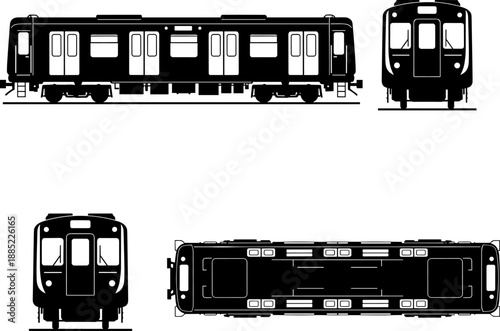 Foto Detailed Vector Silhouette of Modern Subway Train Car in Multiple Views (Side, Front, Top Plan) - Urban Rail Transit and Public Transportation Blueprint Icon Set