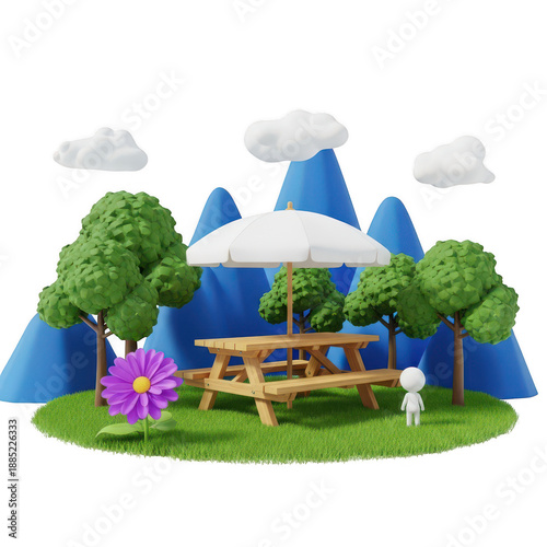 Picnic scene with table and flower isolated on transparent background
