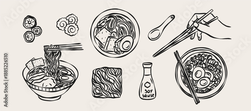 Hand drawn doodle ramen noodles illustration