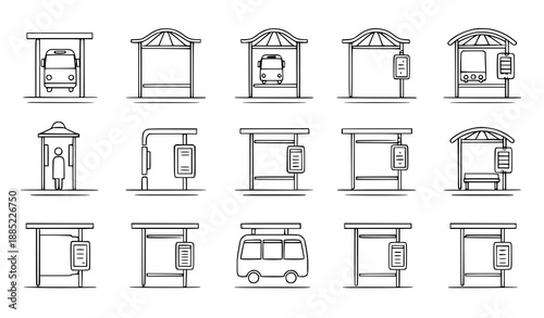 Minimal outline bus stop traffic symbol vector icons for street signage