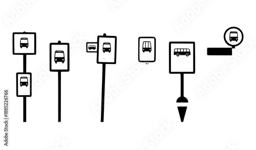 Flat bus stop pictogram road sign vector set for public transport design