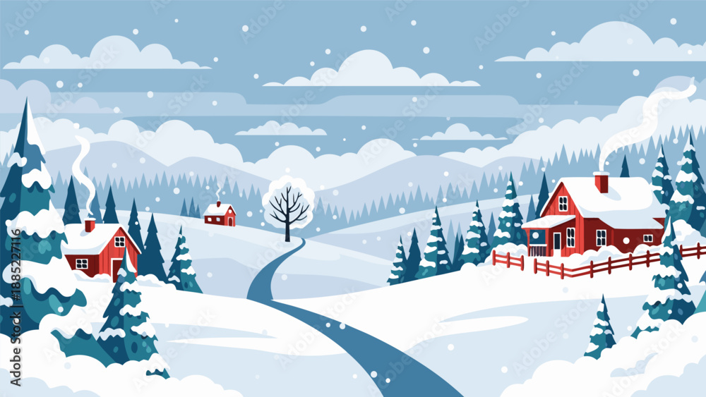 Naklejka premium Charming vector illustration of a cozy winter landscape with snow-covered houses and trees, depicting a serene rural scene