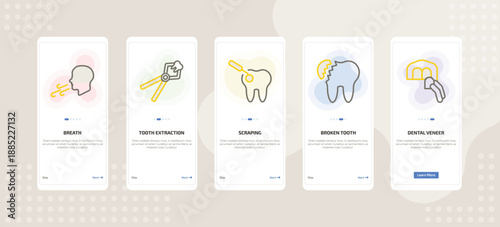 onboarding screen template for dental care mobile app ui with breath, tooth extraction, scraping, broken tooth, dental veneer icons.