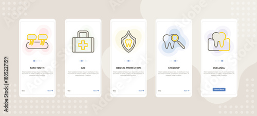 onboarding screen template for dental care mobile app ui with fake tooth, aid, dental protection, check up, occlusal icons.