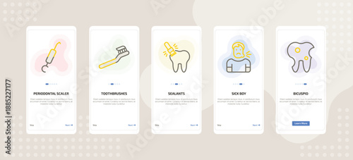 onboarding screen template for dental care mobile app ui with periodontal scaler, toothbrushes, sealants, sick boy, bicuspid icons.