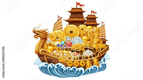 Golden Dragon Boat with Pagoda Structure.