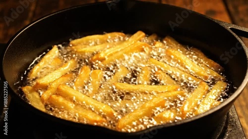 Wallpaper Mural Crispy Golden French Fries Cooking in Hot Oil in a Black Cast Iron Skillet, Food Preparation Concept Torontodigital.ca