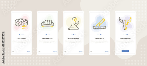 onboarding screen template for culture mobile app ui with goat cheese, onion patties, muslim praying, spring rolls, skull of a bull icons.